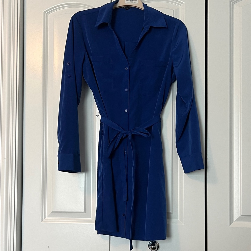 Express Royal Blue Long Sleeve Shirt Dress with Tie Waist